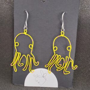 wire octopus earrings painted yellow and pink