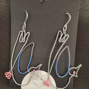 purple blue and grey wire pigeon earrings