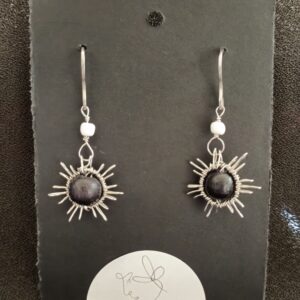 black wooden bead with spiked wire sun earrings