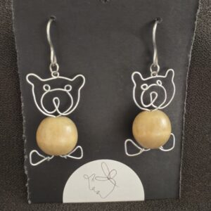 wire teddy bear with wooden bead earrings