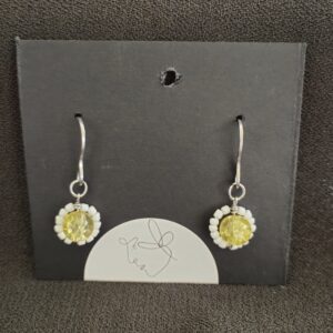 yellow cracked glass with white petals flower earrings